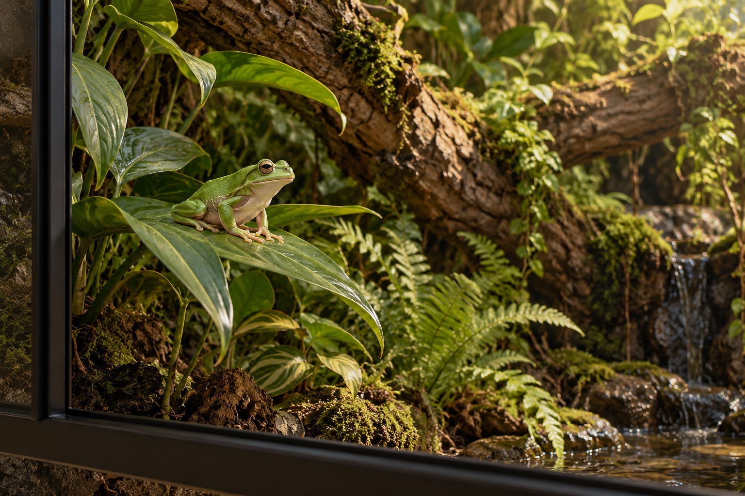 Concept scene of a green tree frog on a leaf in a lush tropical vivarium
