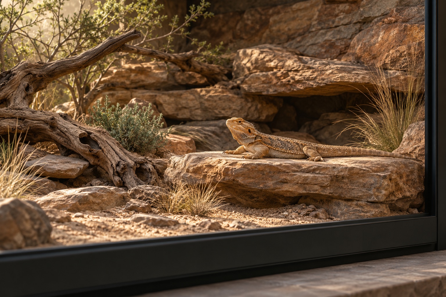 Concept scene of a bearded dragon on a sandstone ledge in a spacious arid habitat