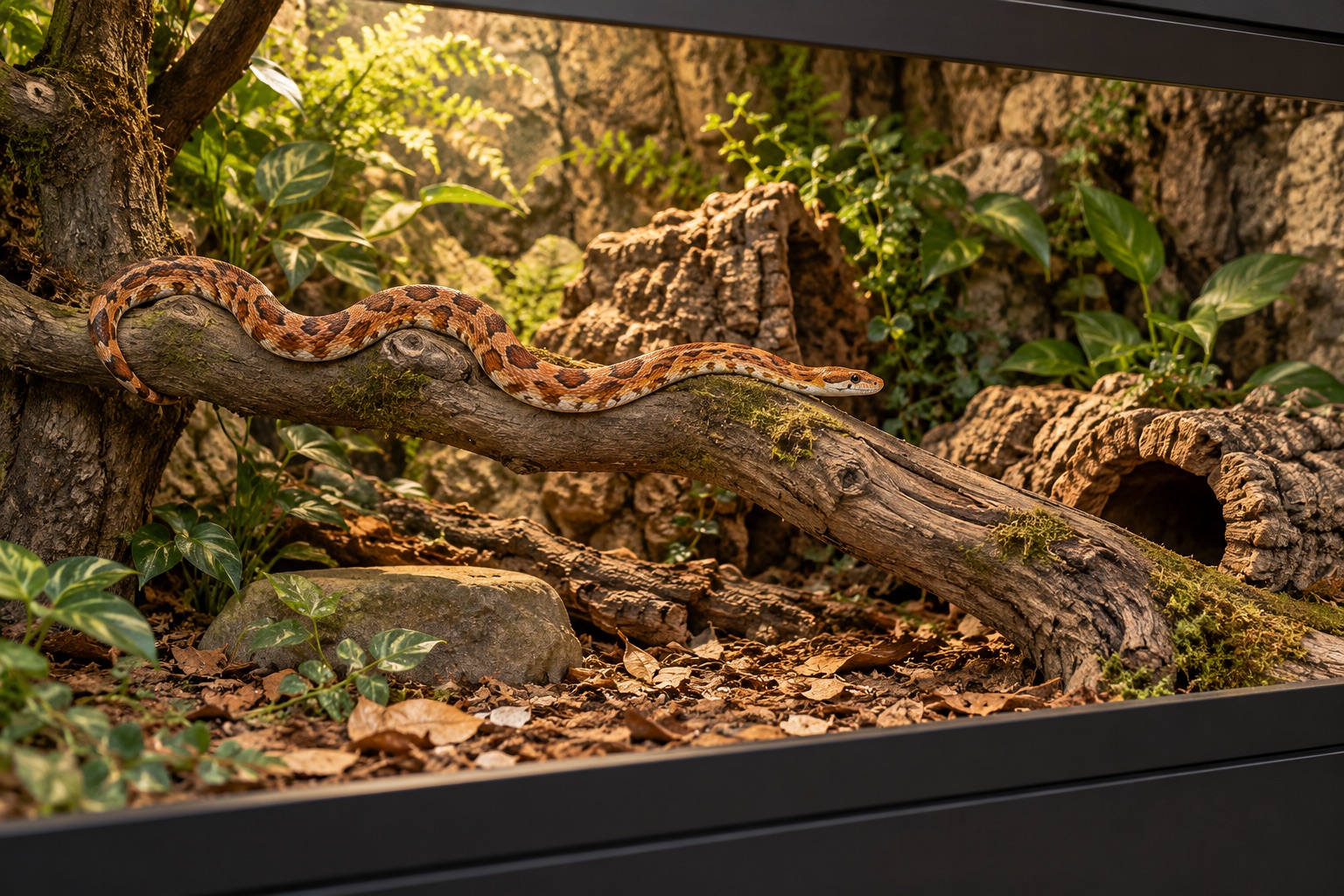 Concept scene of a corn snake on a low branch among cork hides and woodland textures